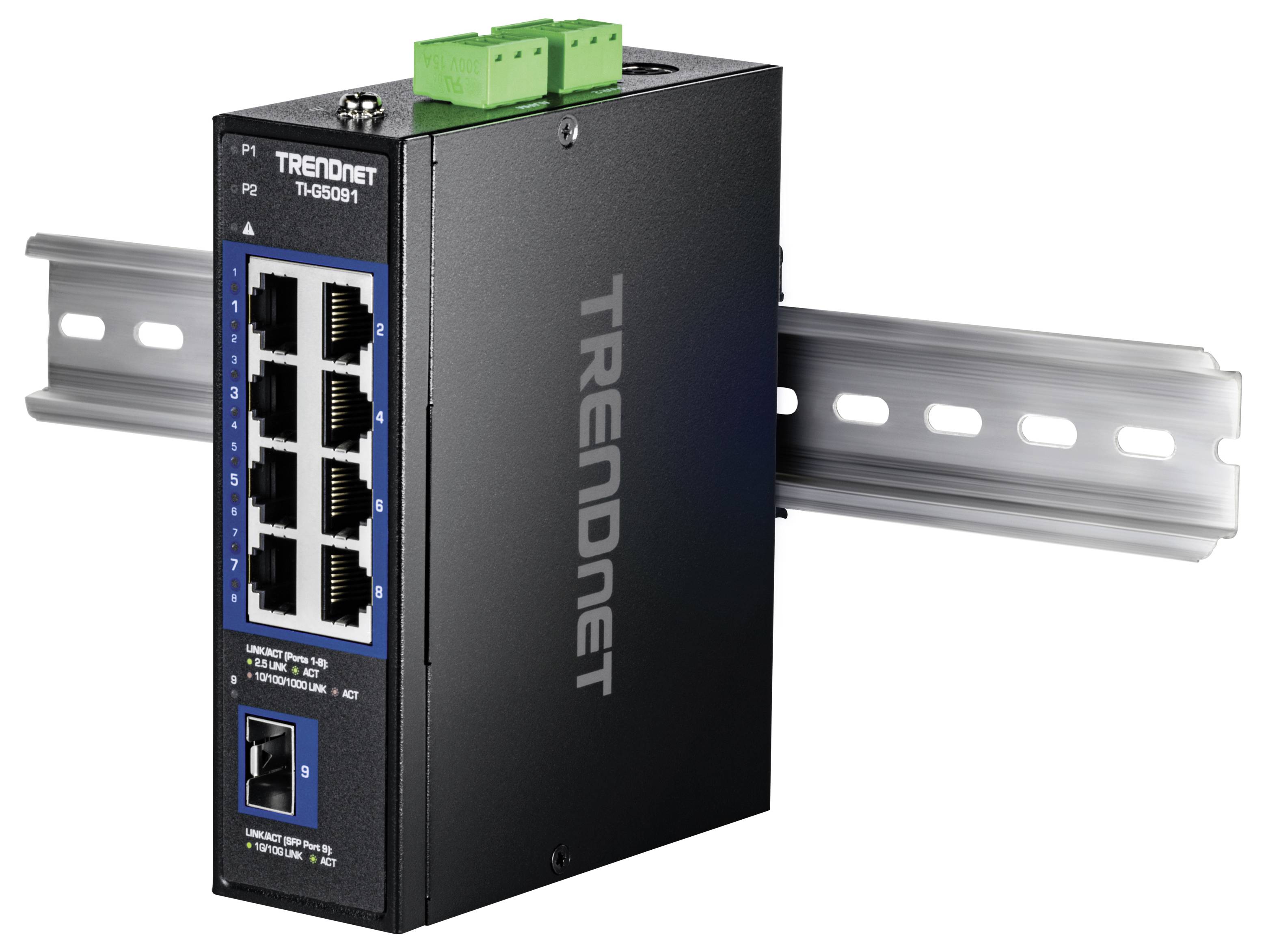 Przemysłowy przełącznik Ethernet zamontowany na szynie metalowej, wyposażony w 8 portów do podłączeń sieciowych. Urządzenie jest oznaczone etykietą 'TRENDnet TI-G80'.