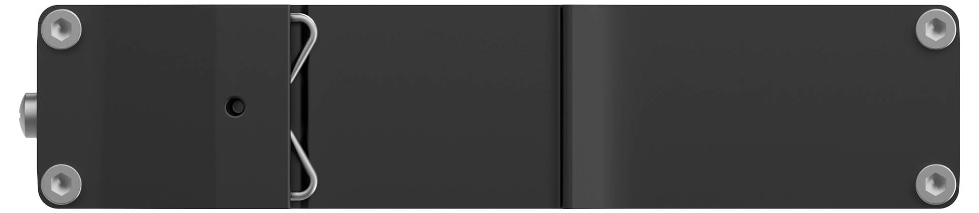 Czarna metalowa zawiasa z czterema widocznymi śrubami w narożnikach oraz mechanizmem zatrzaskowym pośrodku, używana do łączenia i zabezpieczania dwóch powierzchni.