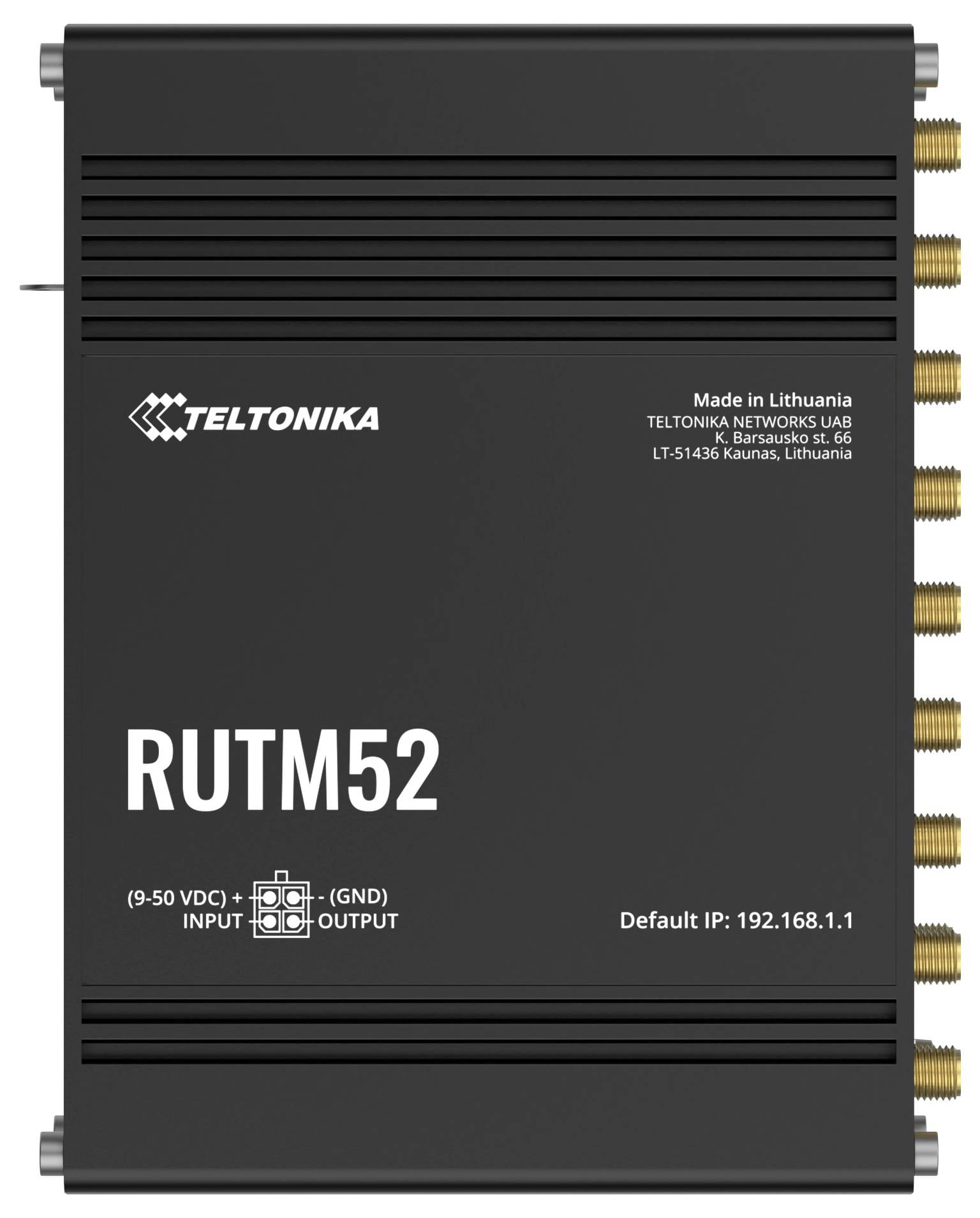 Modem Teltonika RUTM52, czarna obudowa, wieloportowe złącza antenowe na bokach; domyślny adres IP '192.168.1.1', wyprodukowany na Litwie przez Teltonika Networks UAB.