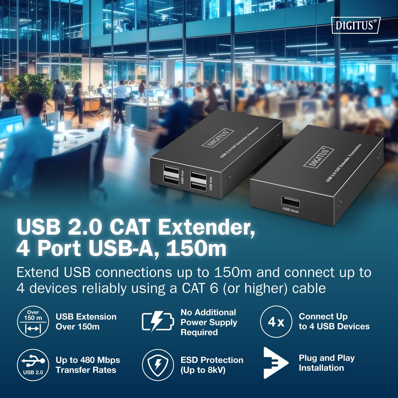 USB-подовжувач Digitus DA-73120 DA-73120, USB-A, USB 2.0, RJ45 - USB-A, USB 2.0, RJ45, підключення живлення, через мережевий кабел
