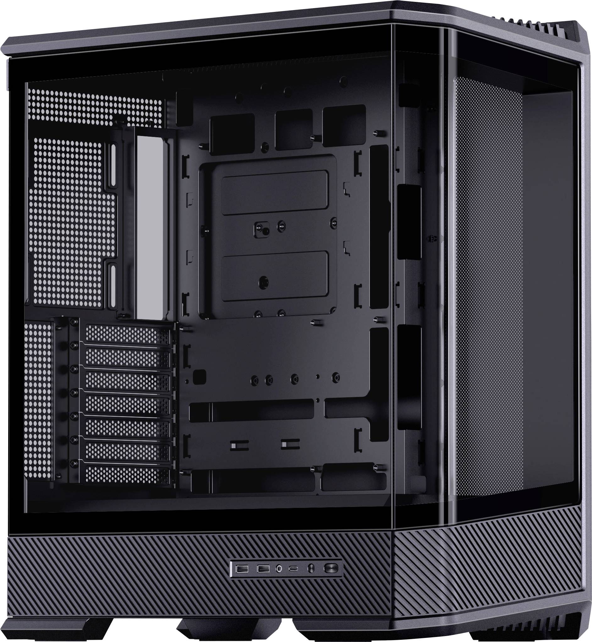 Czarna i przezroczysta obudowa komputera z otwartym panelem bocznym, ukazująca liczne sloty i opcje montażowe dla podzespołów komputerowych.