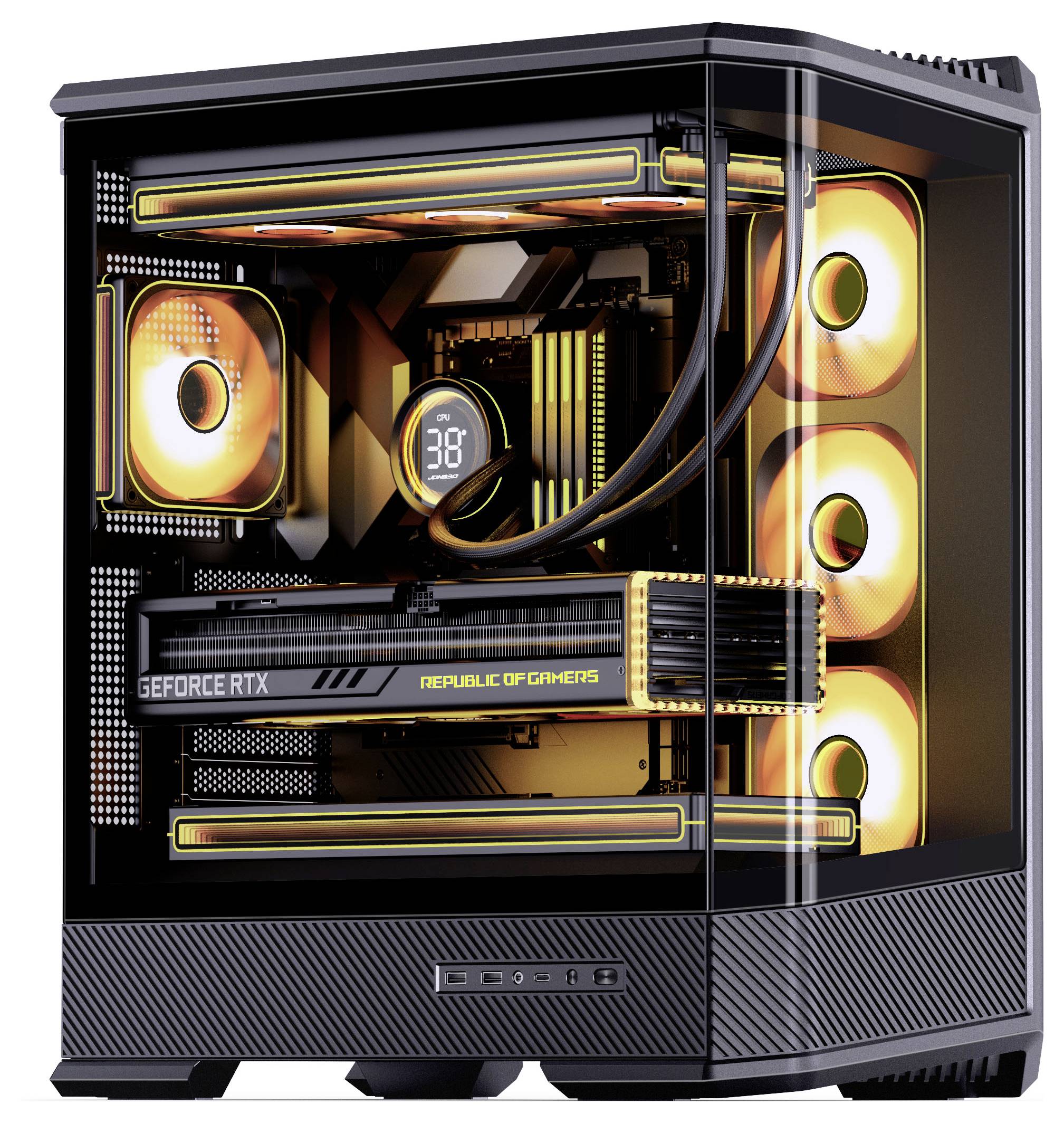 Smukły, wysokowydajny komputer do gier z kolorowymi diodami LED, widocznym systemem chłodzenia i kartą graficzną 'GeForce RTX' w przezroczystej obudowie.