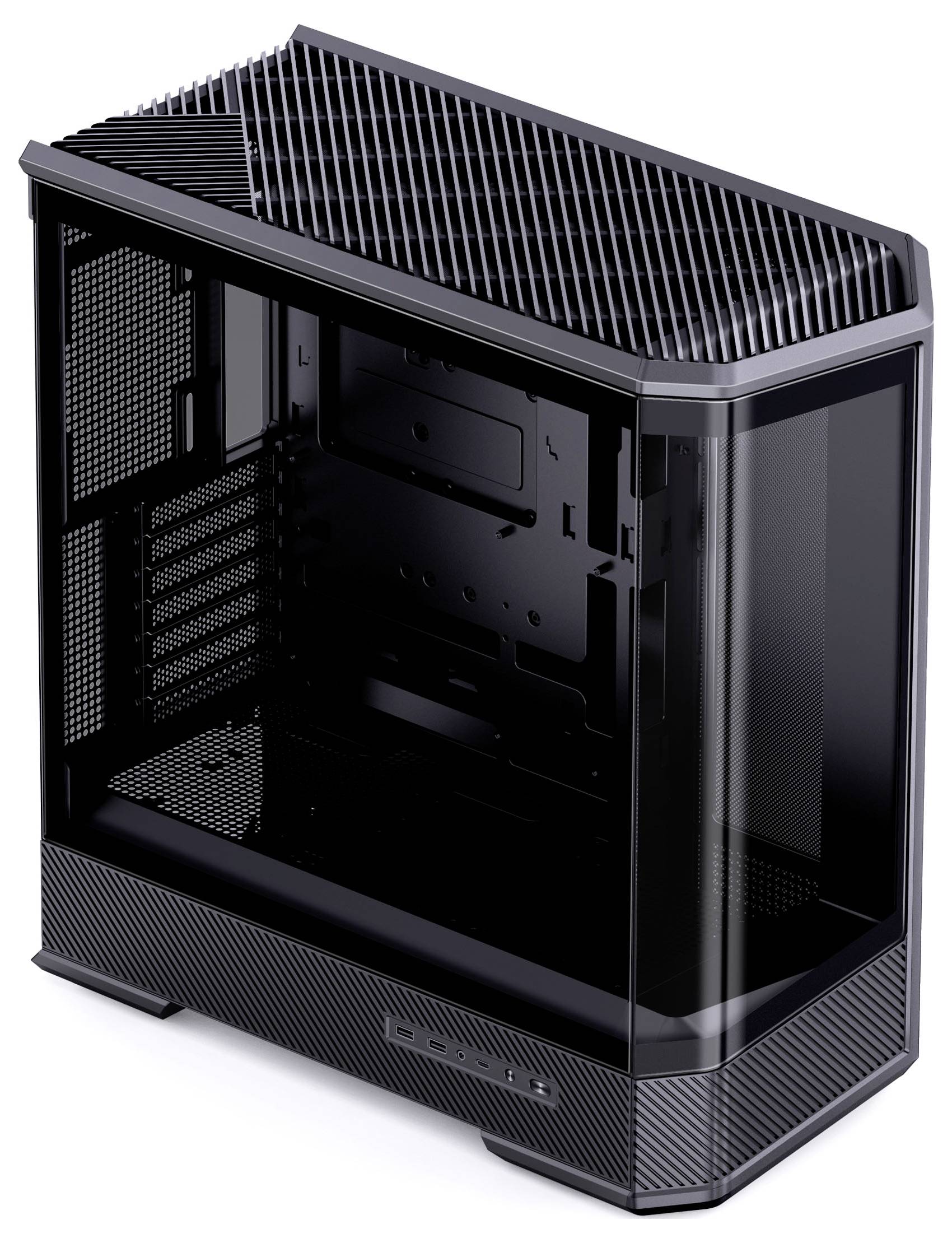Czarna obudowa komputera w kształcie wieży, wyposażona w ukośne otwory wentylacyjne na górze oraz przezroczyste panele boczne, charakteryzująca się minimalistycznym designem.