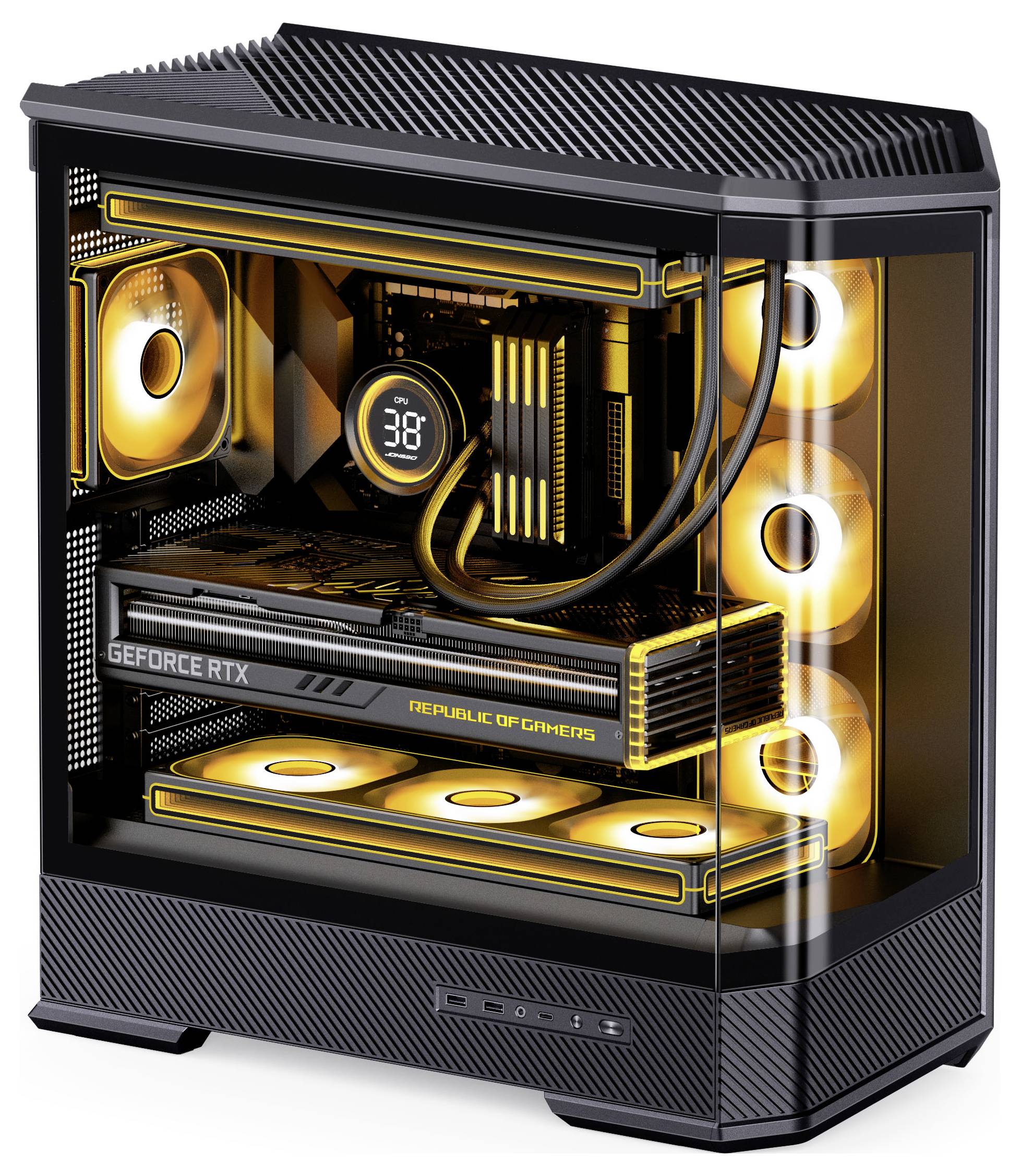 Wieża komputera do gier z przezroczystą boczną ścianką, prezentująca wewnętrzne komponenty z pomarańczowym podświetleniem LED, w tym kartę graficzną oznaczoną jako 'GeForce RTX'.