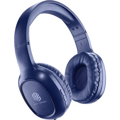 Niebieskie bezprzewodowe słuchawki nauszne z wyściełanymi nakładkami na uszy i przyciskami sterowania po prawej stronie, z logo 'Musicsound'.