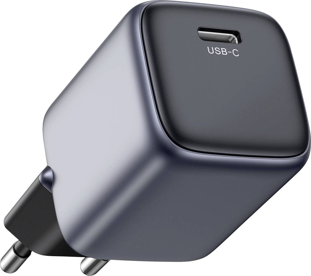 Czarno-szara ładowarka sieciowa USB-C z dwoma wtyczkami, przeznaczona do podłączania do gniazd elektrycznych, służąca do ładowania urządzeń.