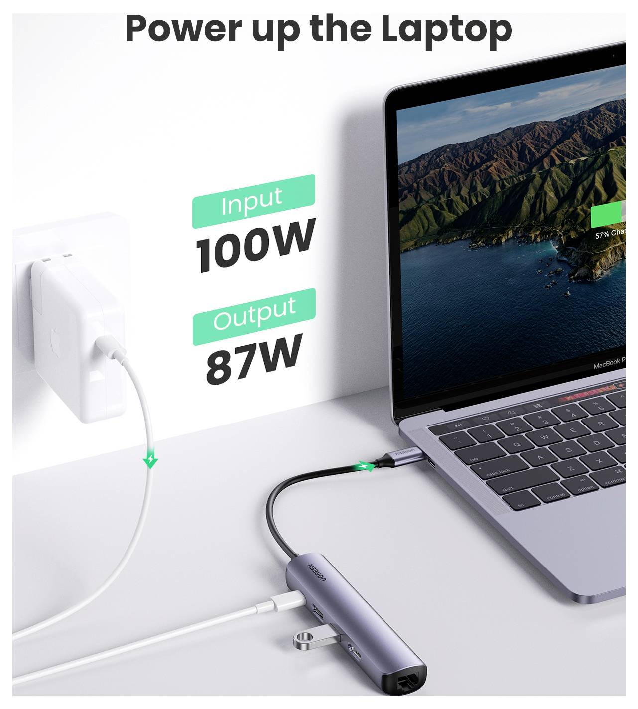 Laptop podłączony do zasilacza z etykietami 'Input 100W' i 'Output 87W', wskazującymi przepływ energii. Na ekranie laptopa wyświetlana jest krajobrazowa tapeta.