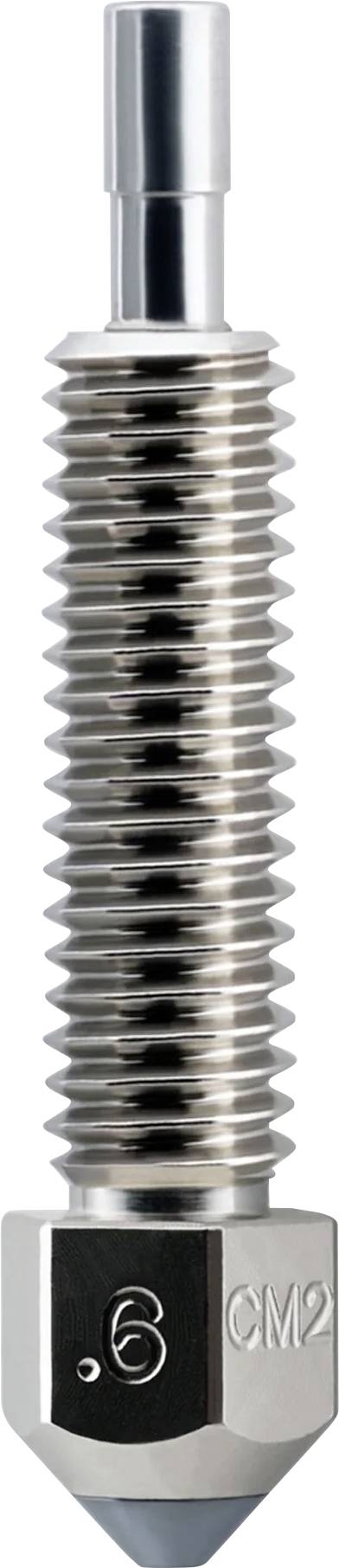 Metalowy dysza drukarki 3D z charakterystycznym gwintowanym wzorem, oznaczona etykietą '.6 CM2' w pobliżu końcówki, odbijająca światło na wypolerowanej powierzchni.