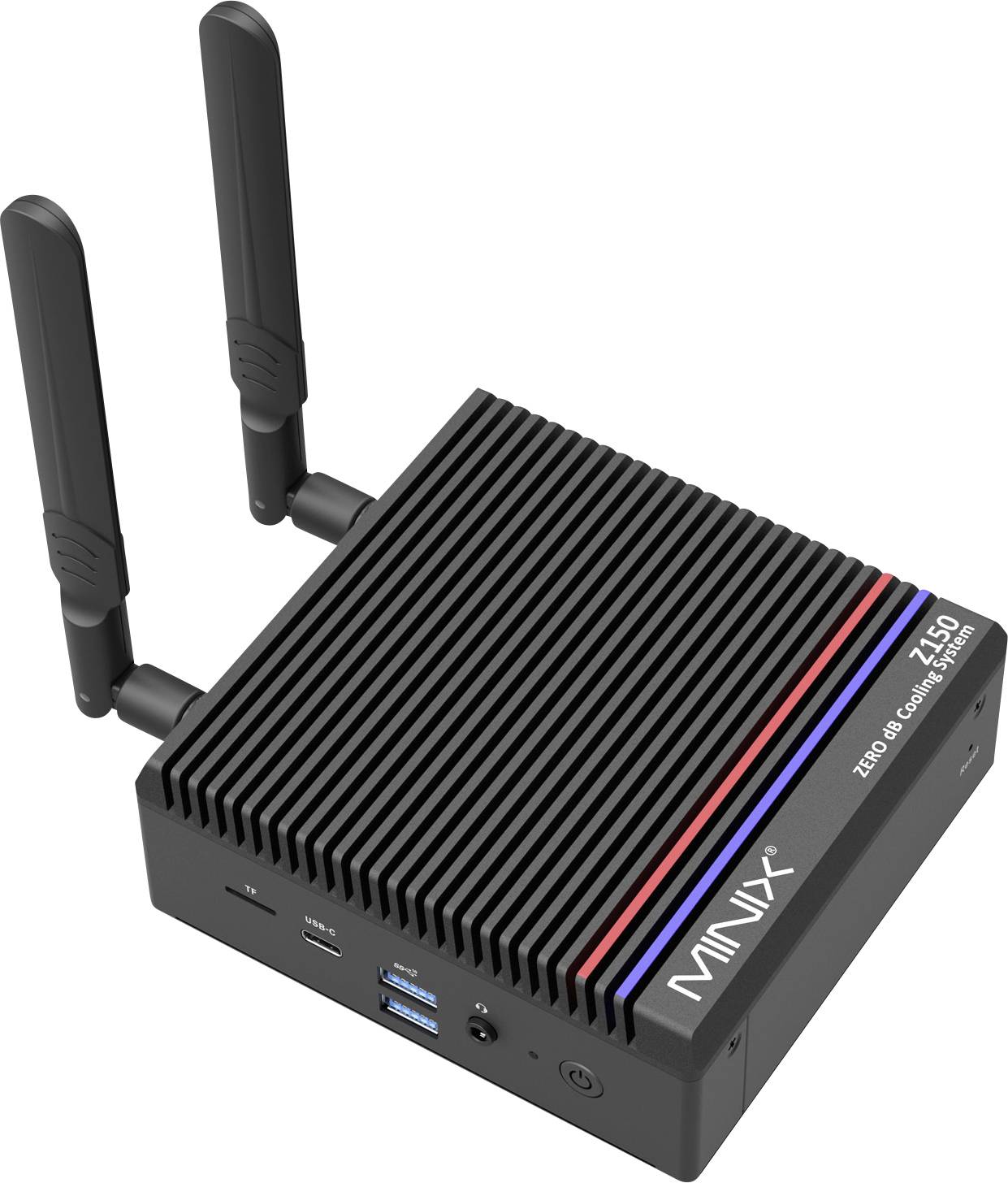 Kompaktowa czarna jednostka komputerowa z dwoma antenami, oznaczona etykietą 'MINIX' z boku. Posiada wiele portów, w tym USB i HDMI.