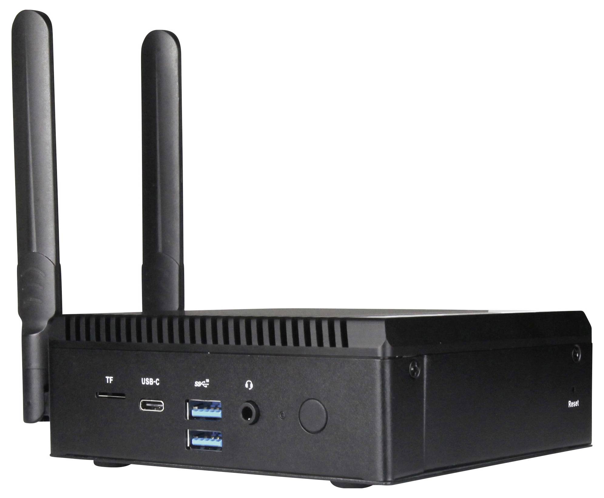 Czarny mini komputer PC z dwoma antenami, wyposażony w złącze USB-C, dwa porty USB 3.0, gniazdo słuchawkowe oraz czytnik kart TF z przodu.