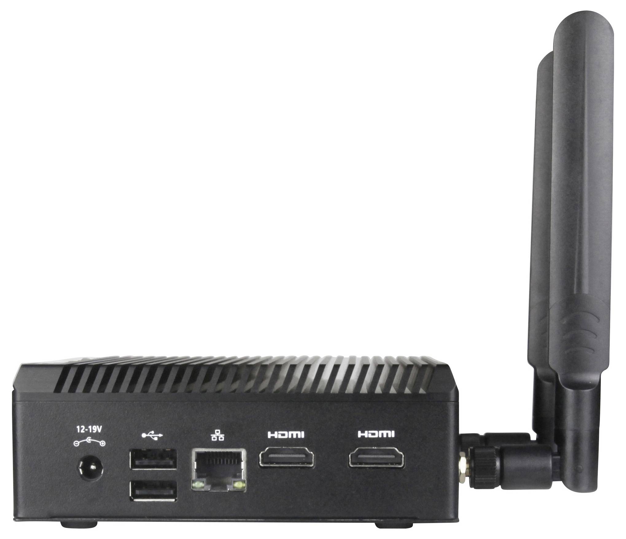 Czarny elektroniczny przyrząd z dwiema antenami, wyposażony w porty zasilania, USB, Ethernet oraz dwa porty HDMI, prawdopodobnie przeznaczony do zastosowań medialnych lub sieciowych.