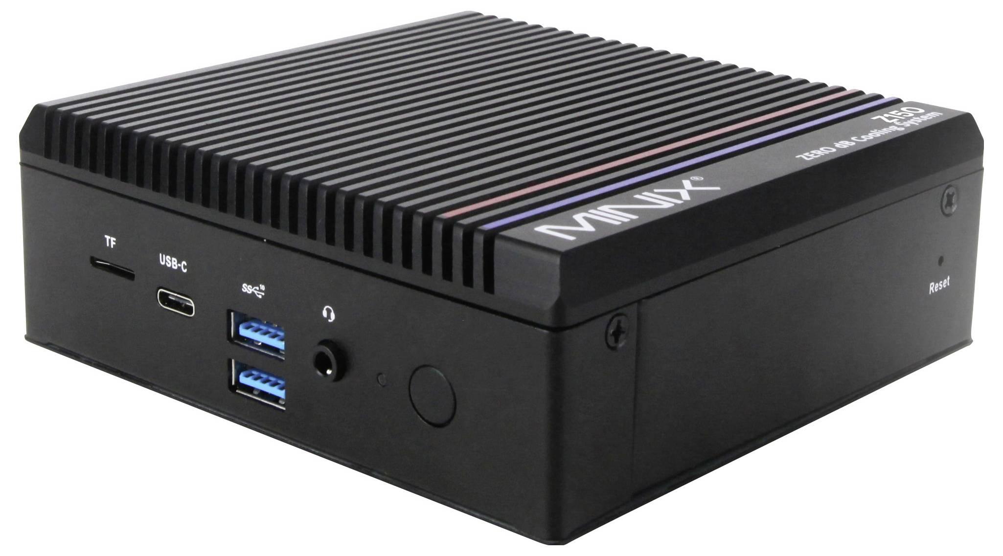 Kompaktowy czarny mini komputer z żebrowaną górną pokrywą do chłodzenia, wyposażony w porty USB, gniazdo audio oraz przycisk zasilania z przodu.