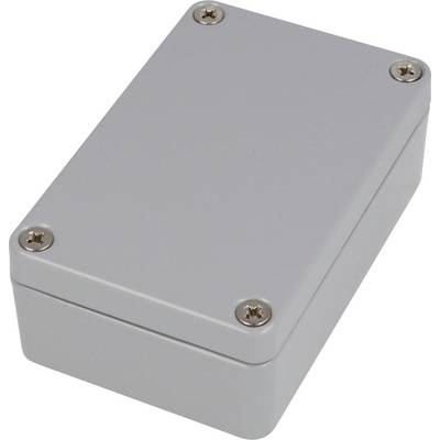 Mały, prostokątny szary metalowy boks obudowy z czterema śrubami w narożnikach, prawdopodobnie służący do ochrony komponentów elektronicznych.