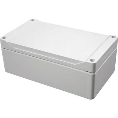 Biała, prostokątna obudowa elektroniczna w kształcie pudełka o zaokrąglonych krawędziach, posiadająca cztery otwory na śruby w narożnikach, przeznaczona do zabezpieczania i przechowywania elementów elektronicznych.