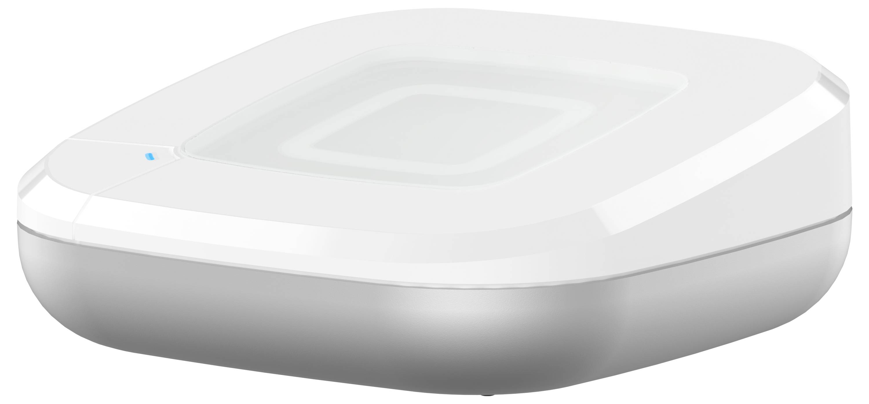 Smukły, biały prostokątny elektroniczny przyrząd o zaokrąglonych krawędziach z małą niebieską diodą sygnalizacyjną na górze.