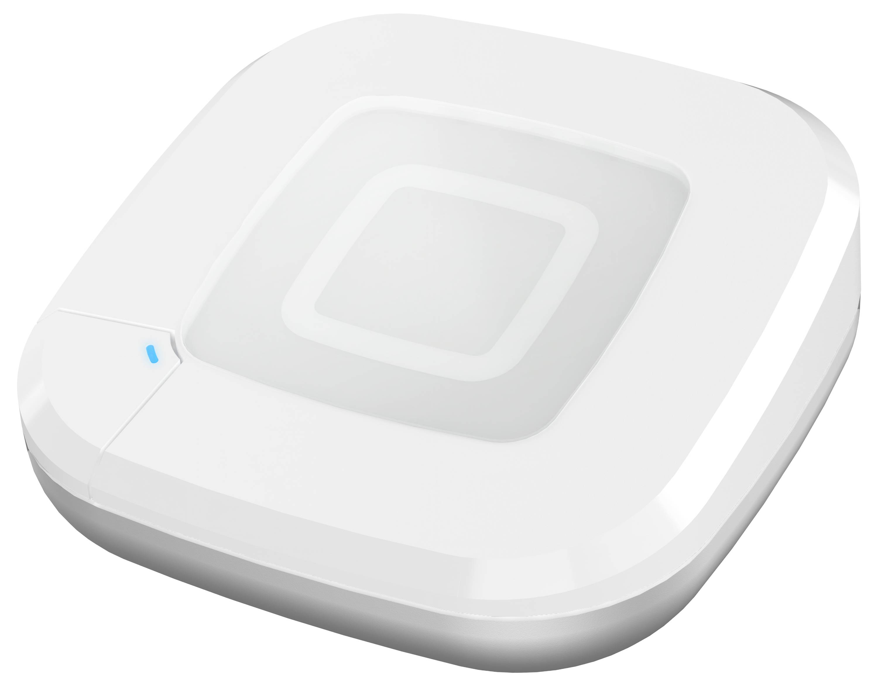 Biały, kwadratowy punkt dostępu bezprzewodowego z zaokrąglonymi krawędziami i małą niebieską diodą sygnalizacyjną z jednej strony.