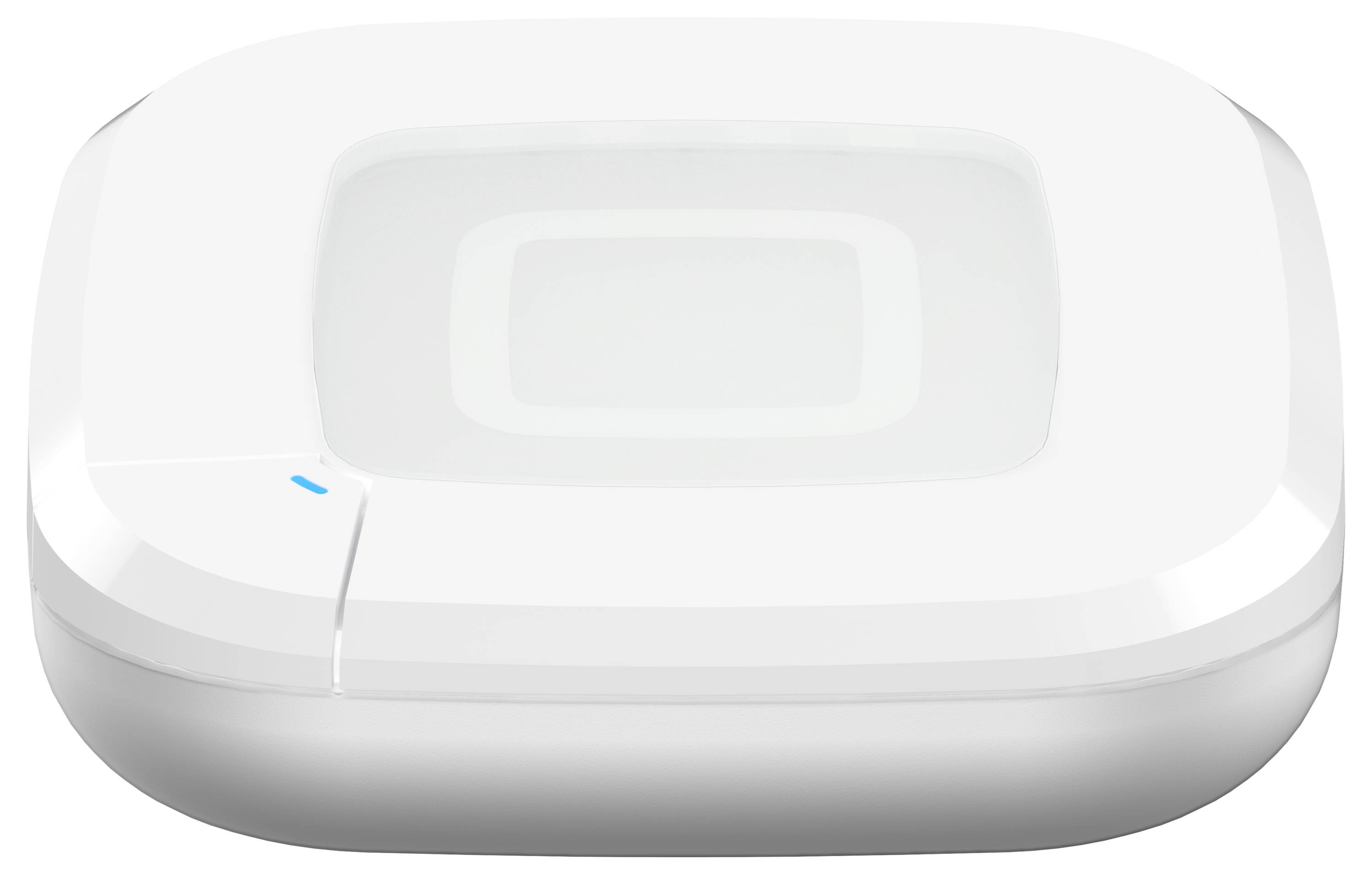 Białe prostokątne urządzenie elektroniczne z małą niebieską diodą sygnalizacyjną, prawdopodobnie centrum lub router, widziane pod skosnym kątem z góry.