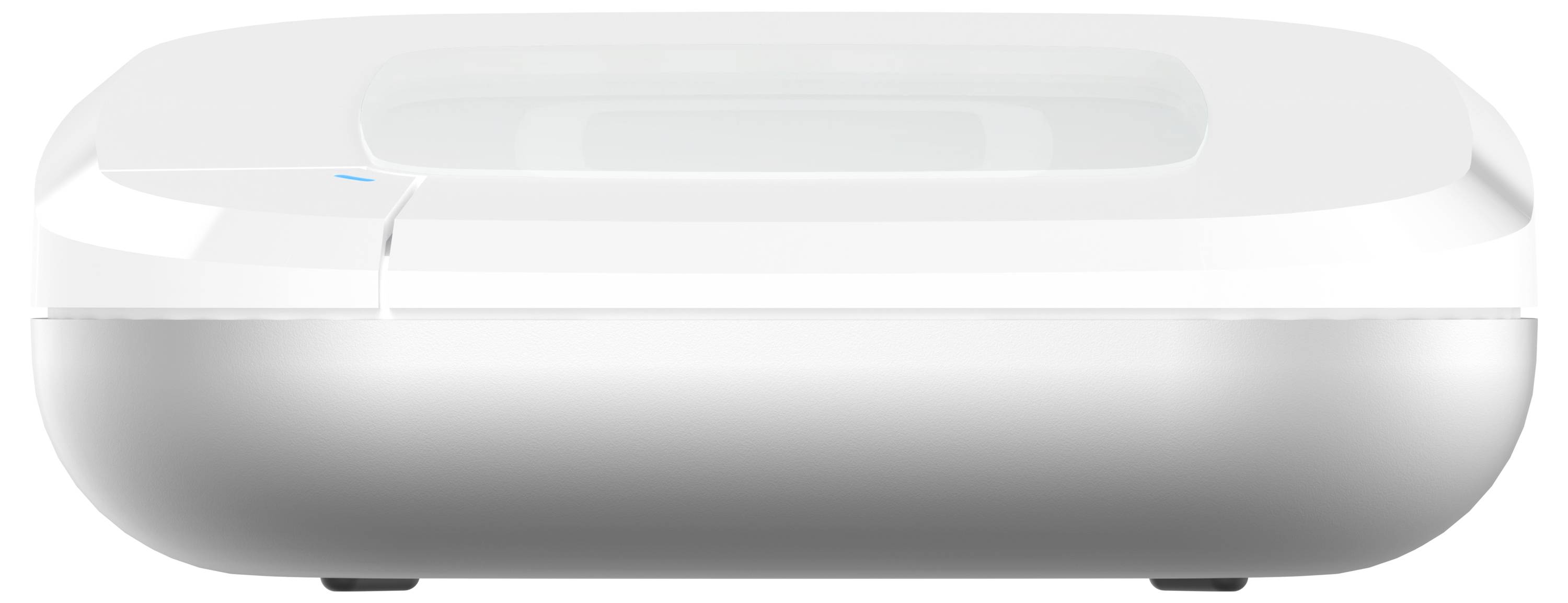 Smukłe, prostokątne białe urządzenie z przezroczystą górną pokrywą, oglądane z boku, przeznaczone do przechowywania wilgotnych chusteczek.