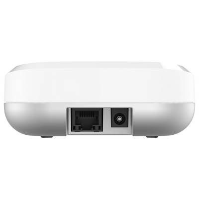 Obraz przedstawia widok z bliska białego urządzenia elektronicznego z portem Ethernet i wejściem zasilania po jego tylnej stronie.