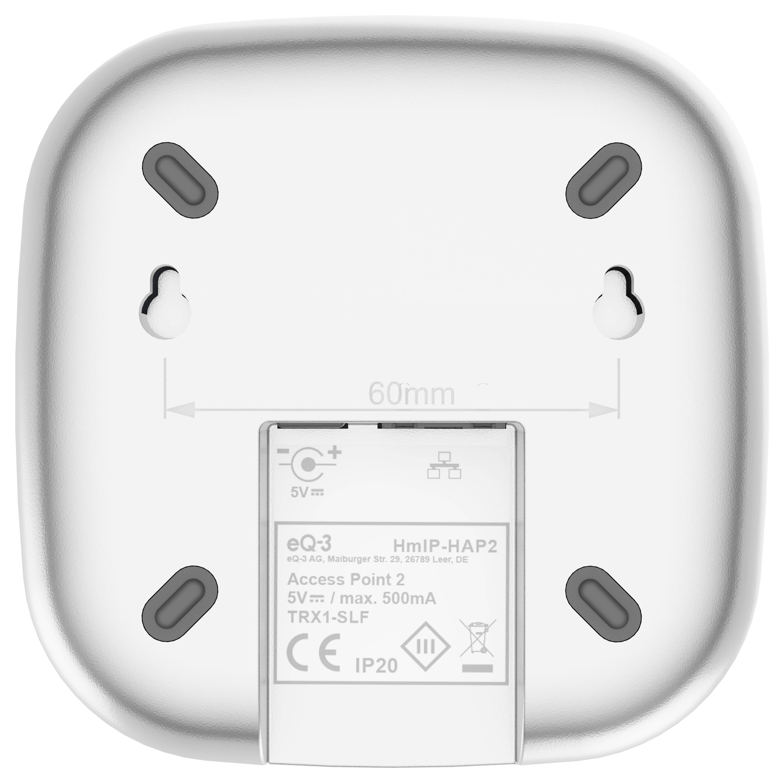 'Tył inteligentnego urządzenia domowego z widocznymi otworami montażowymi, z etykietą eQ-3 HmIP-HAP2, wejście 5V, maksymalnie 500mA, TRX1-SLF, IP20, z wieloma certyfikatami.'