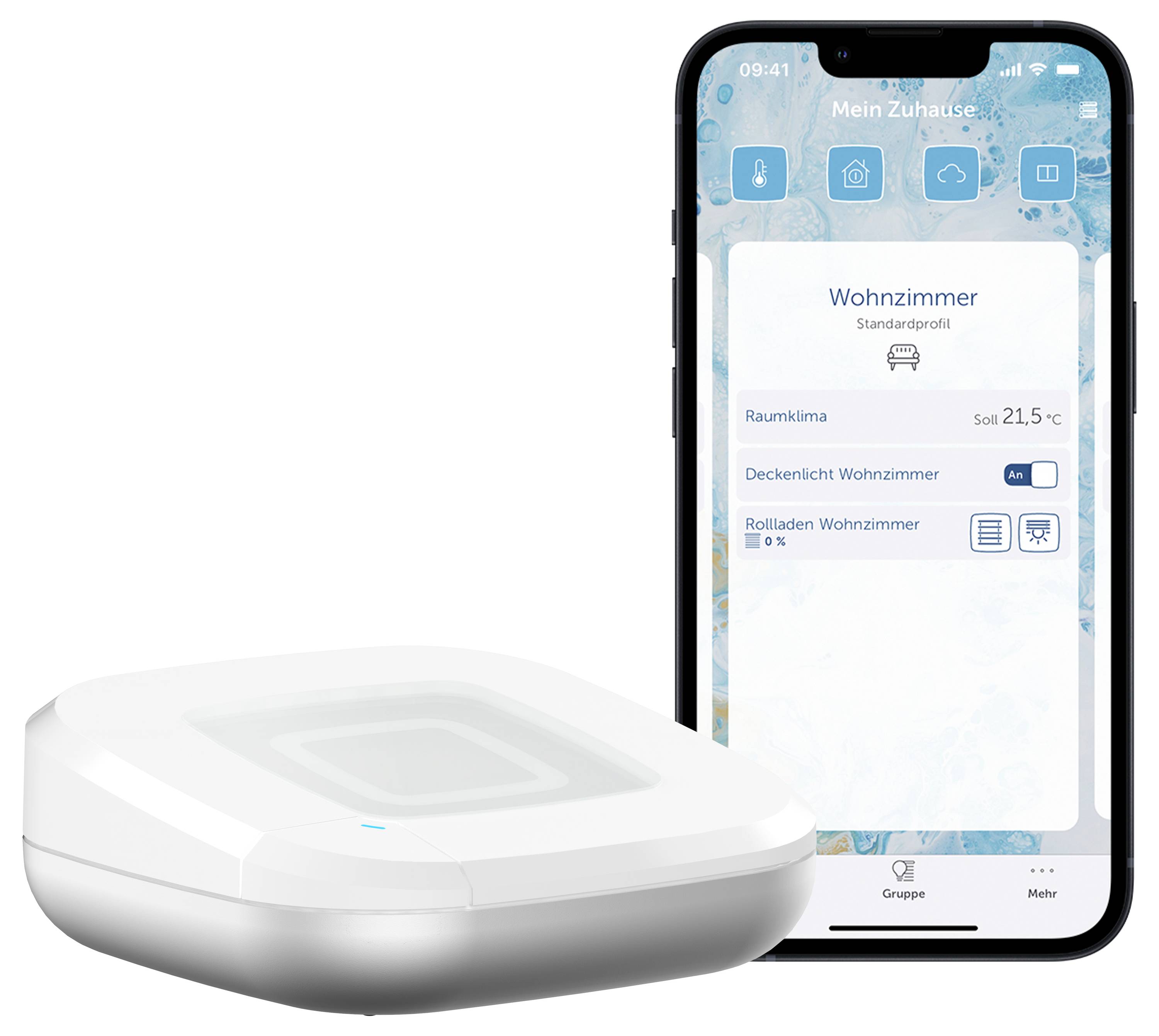Inteligentne urządzenie domowe i smartfon wyświetlają aplikację pokazującą kontrolę klimatu w pomieszczeniu z informacją o temperaturze ustawionej na 21,5°C.