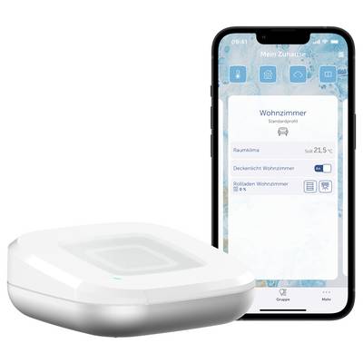 Inteligentne urządzenie domowe i smartfon wyświetlają aplikację pokazującą kontrolę klimatu w pomieszczeniu z informacją o temperaturze ustawionej na 21,5°C.