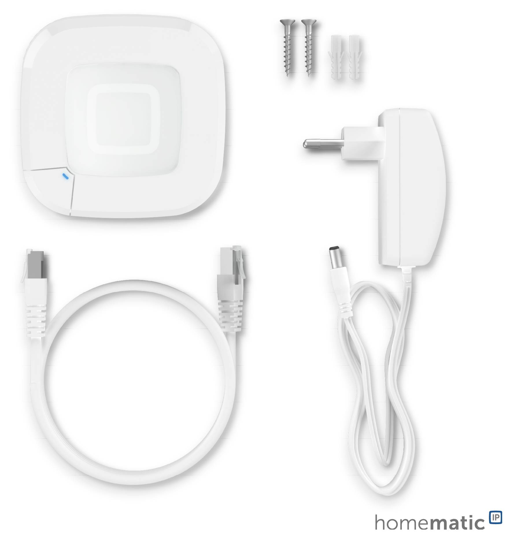 Inteligentny hub do domu z białym hubem, zasilaczem, kablem Ethernet, śrubami i kołkami rozporowymi, oznaczony marką 'homematic IP' w prawym dolnym rogu.