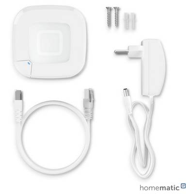 Inteligentny hub do domu z białym hubem, zasilaczem, kablem Ethernet, śrubami i kołkami rozporowymi, oznaczony marką 'homematic IP' w prawym dolnym rogu.
