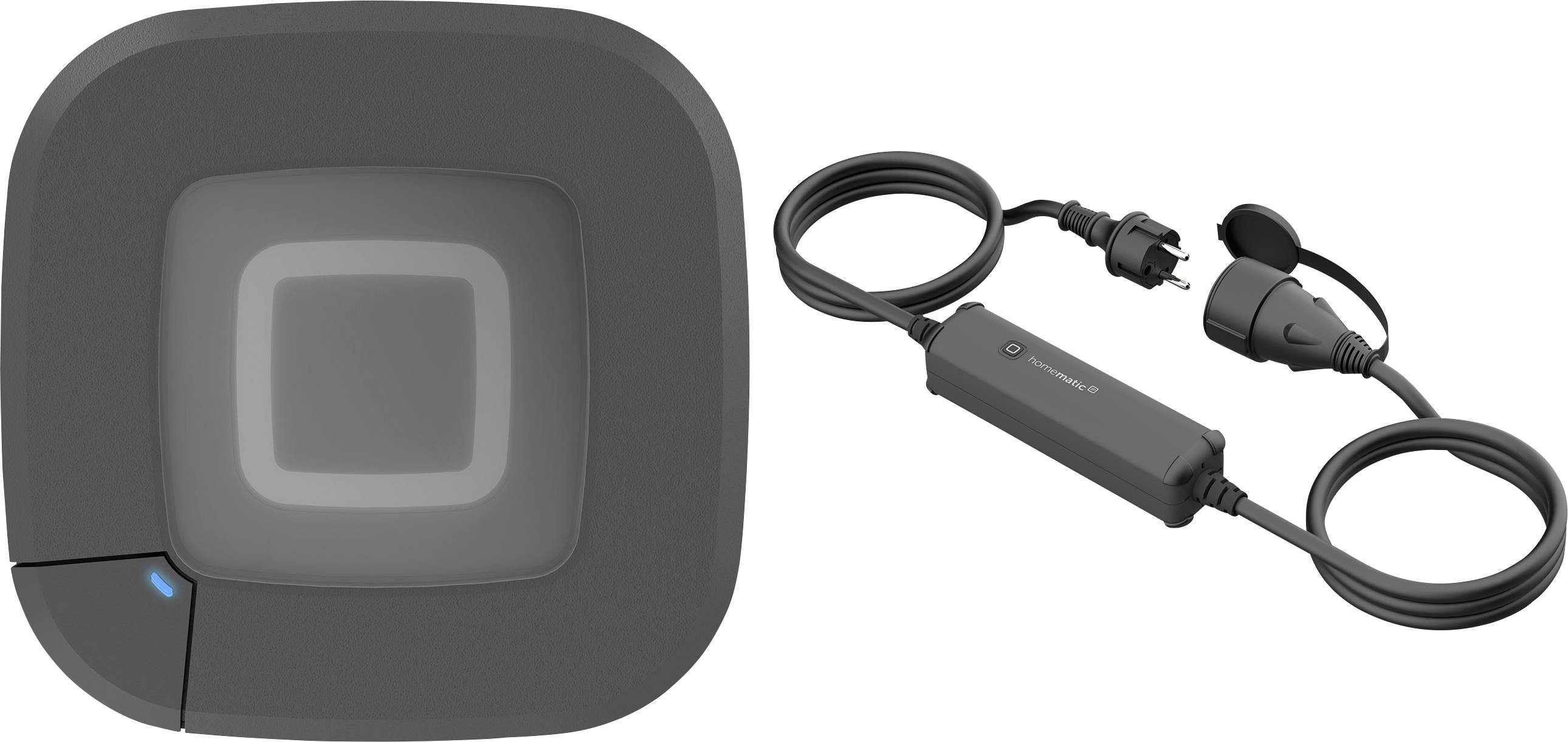 Ciemnoszara stacja ładowania pojazdów elektrycznych z świecącym centrum i czarnym przewodem zasilającym.