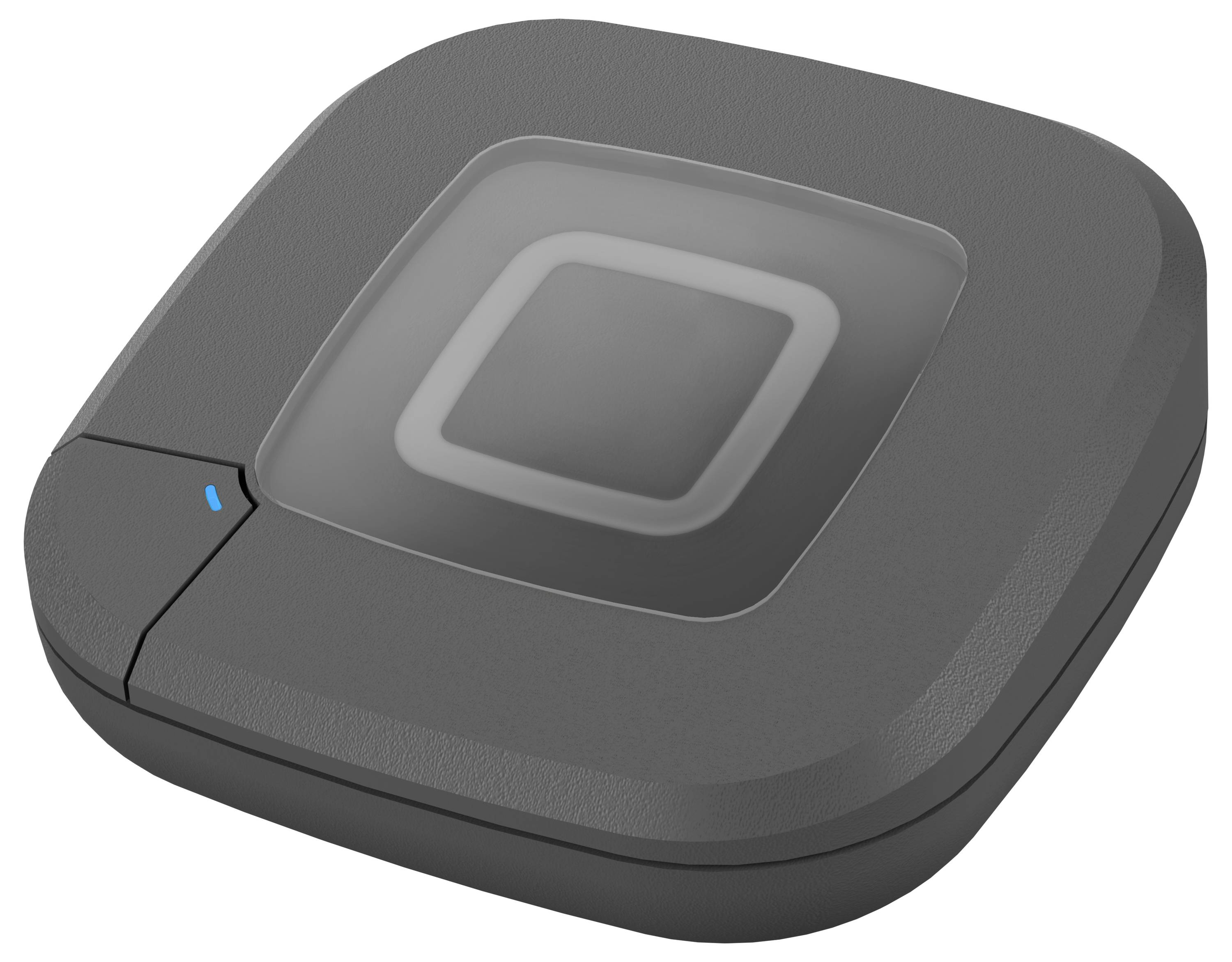 Zdjęcie kwadratowej, czarnej, bezprzewodowej ładowarki indukcyjnej z delikatnym wskaźnikiem świetlnym w rogu, sugerującym status zasilania.