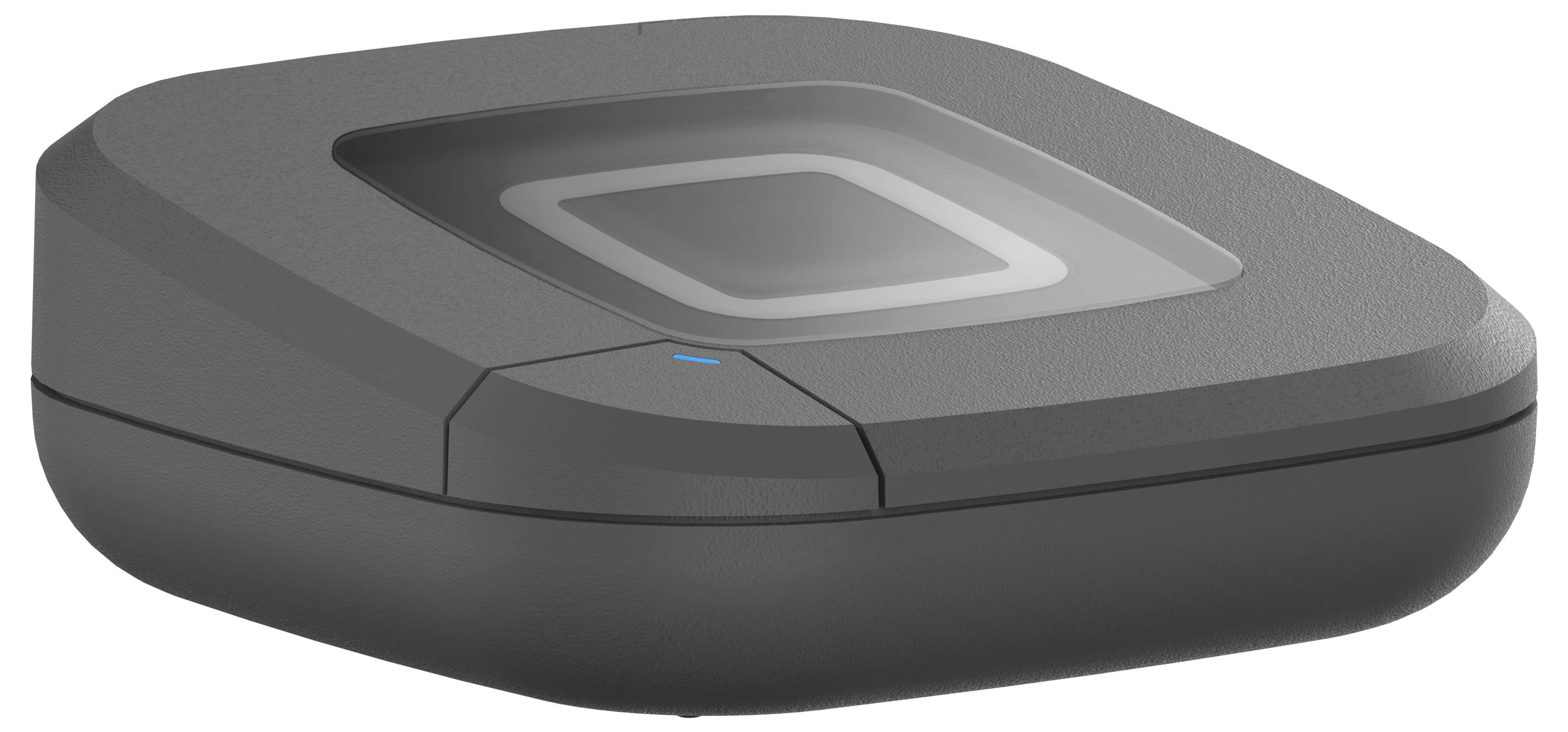 Smukły, szary czytnik kart płatniczych o kwadratowym kształcie do płatności zbliżeniowych, wyposażony w subtelny podświetlony wskaźnik.