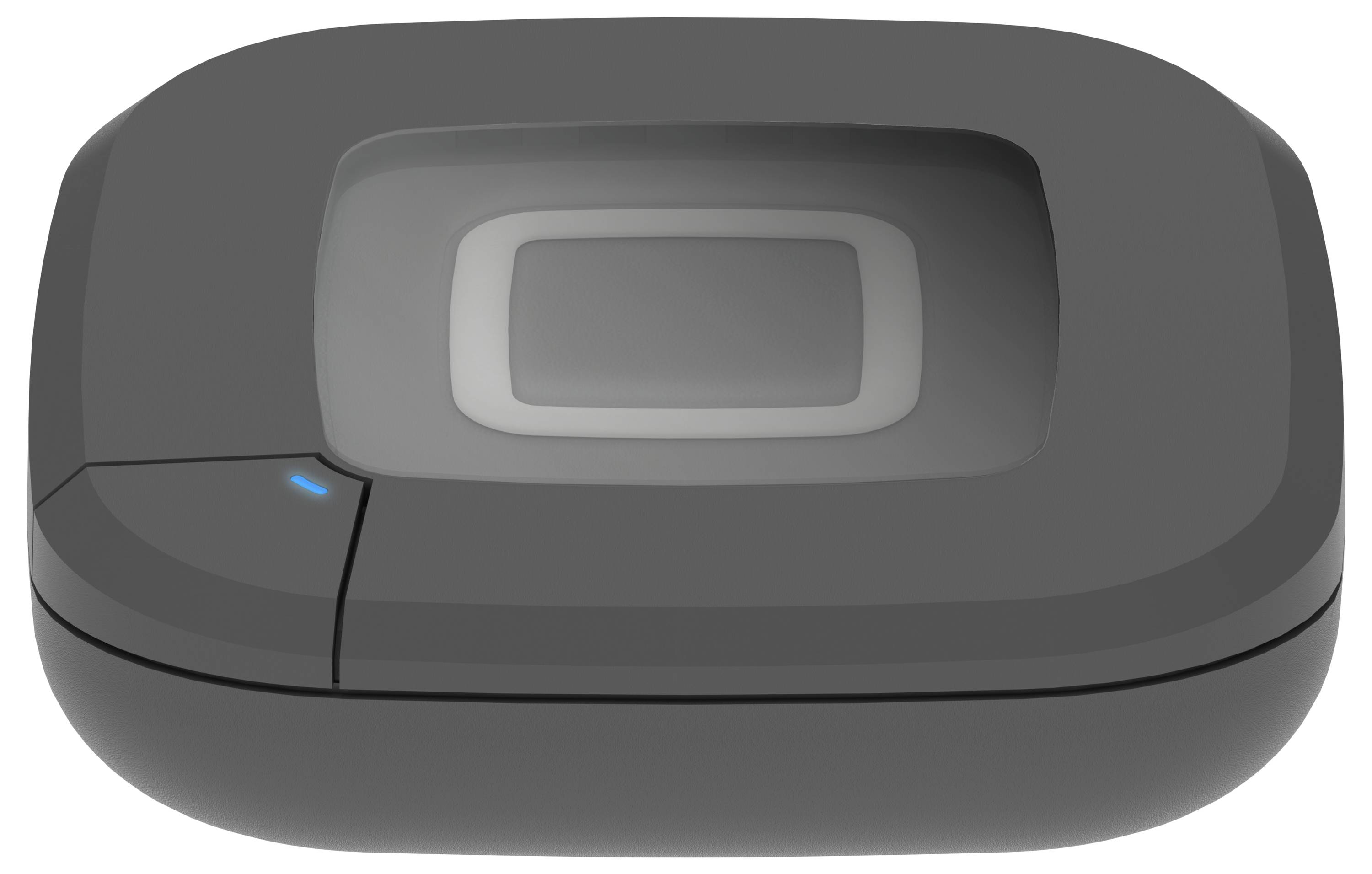 Smukłe, owalne, ciemnozabarwione urządzenie elektroniczne z niebieskim wskaźnikiem świetlnym z boku. Posiada zagłębiony prostokątny środek.