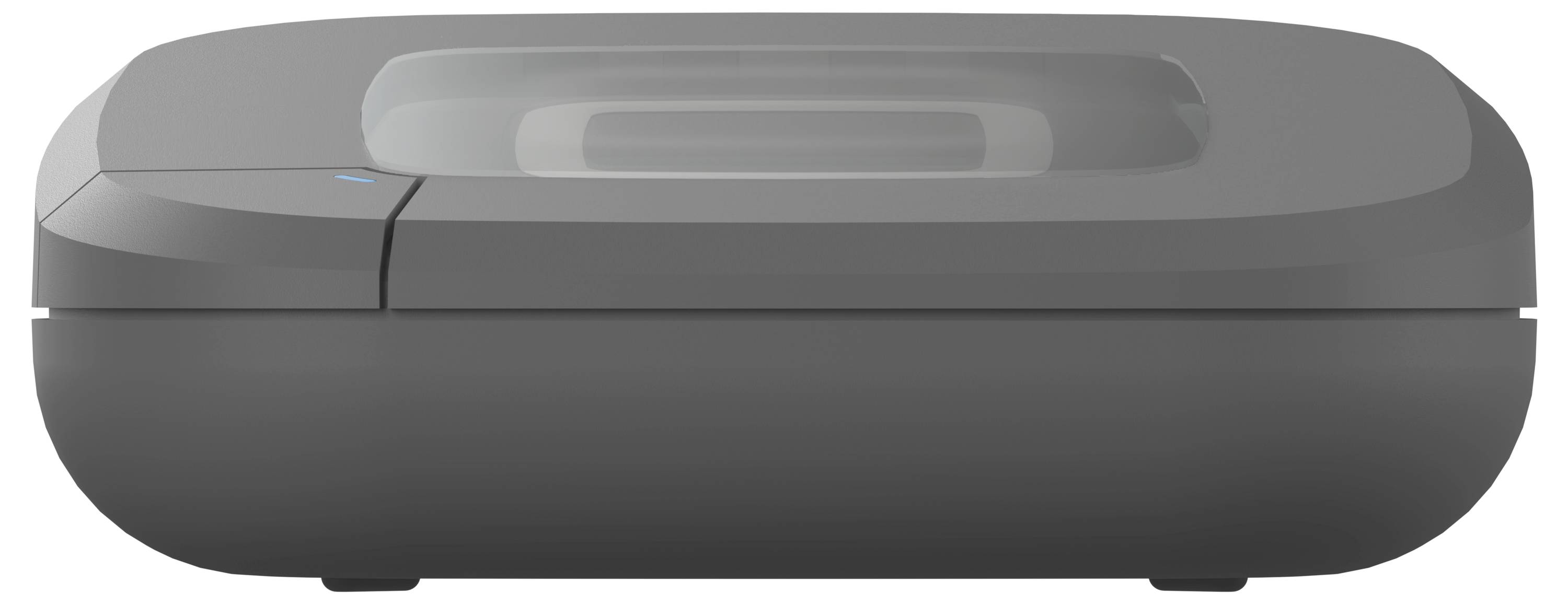 Smukły, ciemnoszary urządzenie o nowoczesnym designie, charakteryzujące się zaokrąglonym prostokątnym kształtem i małą niebieską diodą sygnalizacyjną.