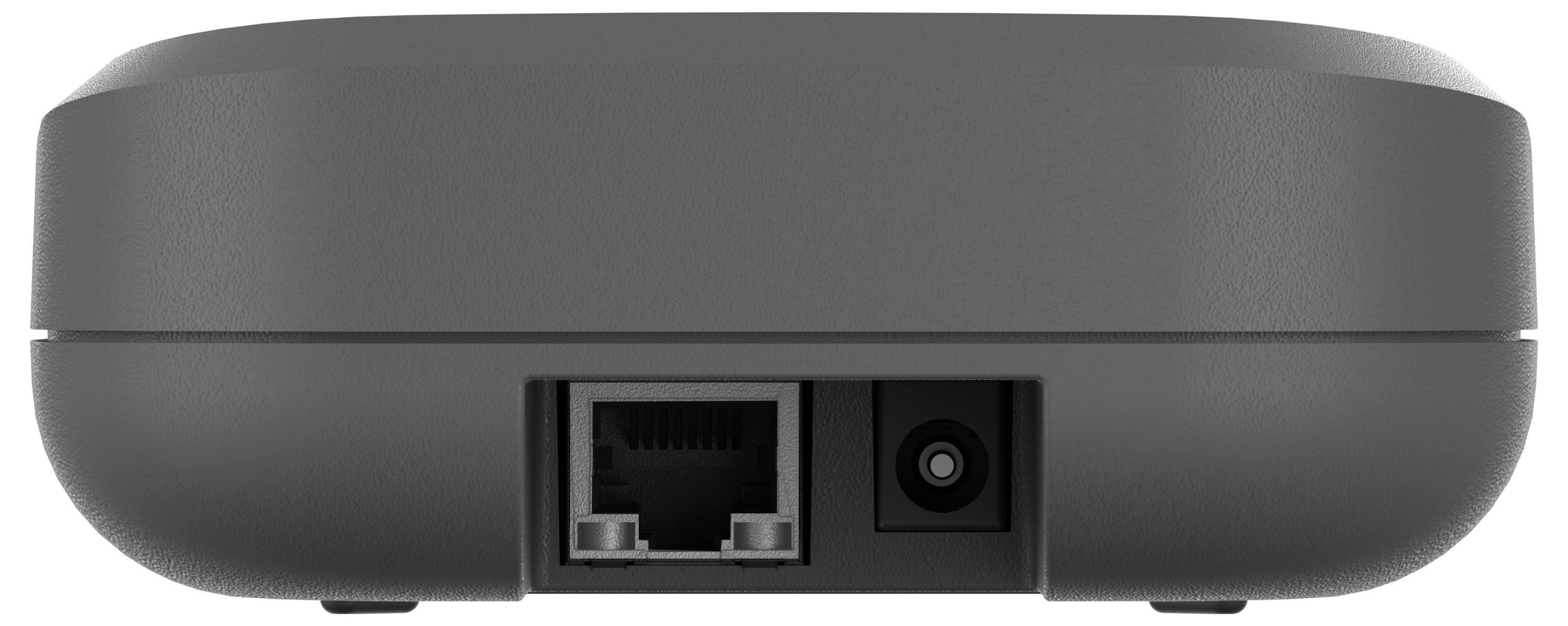 'Zbliżenie tylnej części małego, czarnego urządzenia elektronicznego, ukazujące port Ethernet i złącze zasilania.'