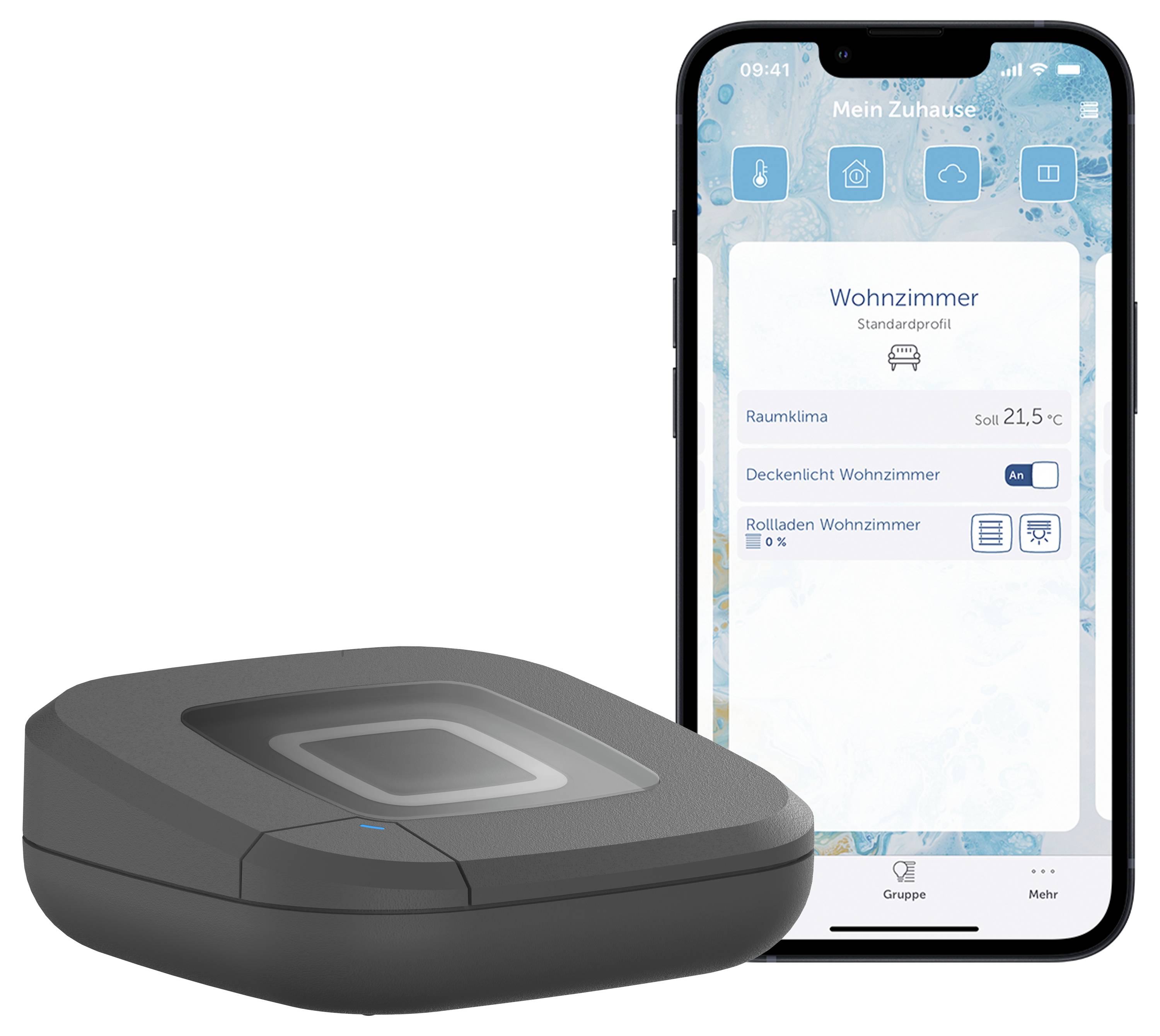 Smartfon wyświetlający aplikację do automatyzacji domu, pokazujący ustawienia temperatury w pomieszczeniu obok urządzenia inteligentnego domu, wskazujący na użycie połączenia.