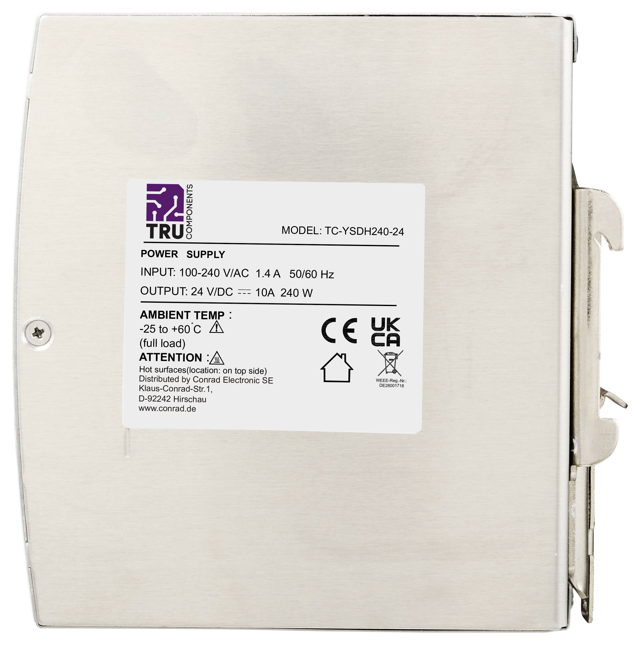 Metalowy zasilacz etykietowany 'TRU Components' z modelem TC-YSDH240-24, wejście 100-240V AC i wyjście 24V DC 10A, 240W.