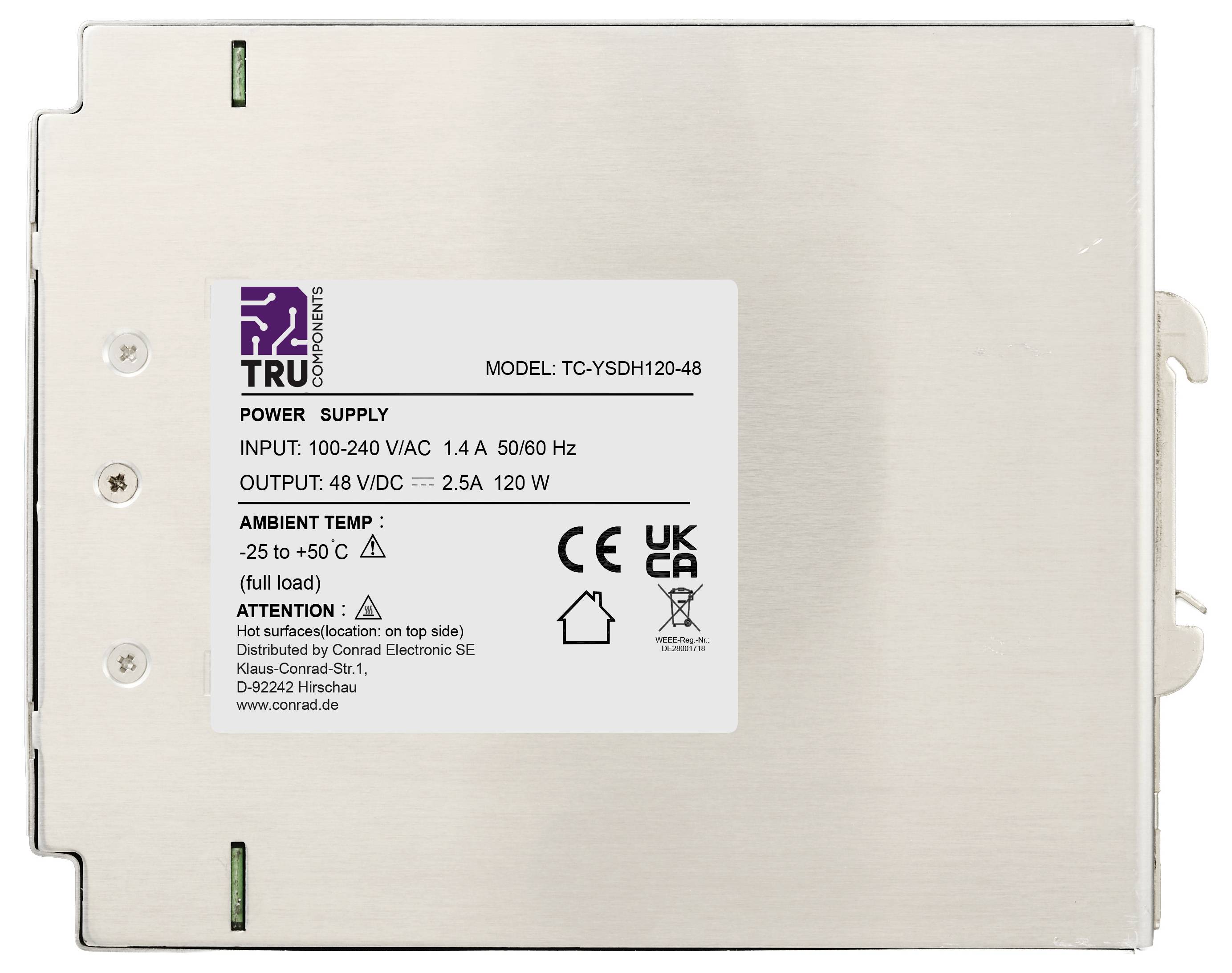 Oznakowany metalowy zasilacz zasilania pokazujący model TC-YSDH120-48, wejście 100-240 VAC, wyjście 48 VDC 2,5A 120W, ze znakami CE i UKCA.