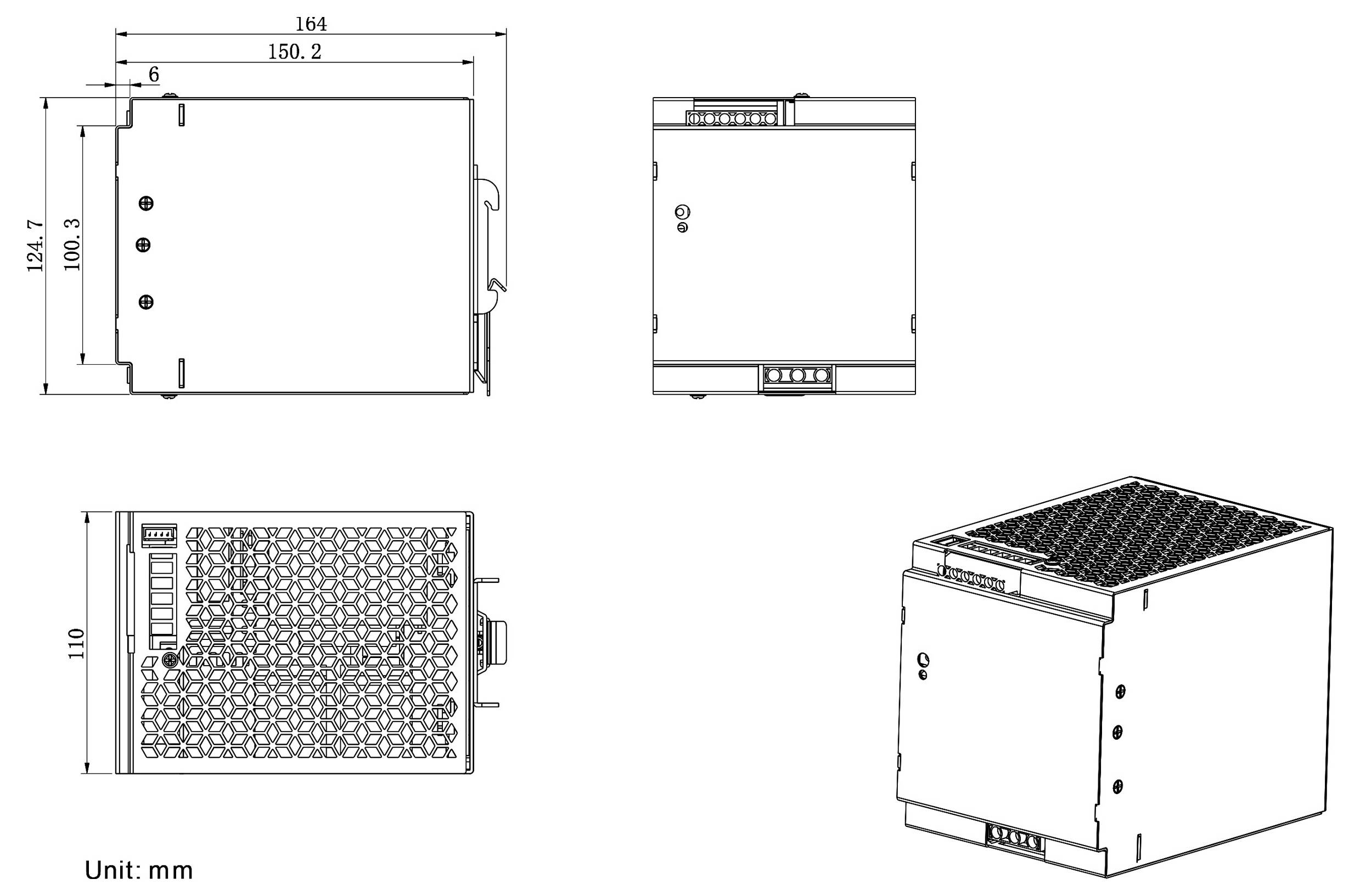 Diagram techniczny prostokątnego urządzenia elektronicznego pokazujący widoki z przodu, z boku, z góry i z tyłu, z wymiarami w milimetrach.