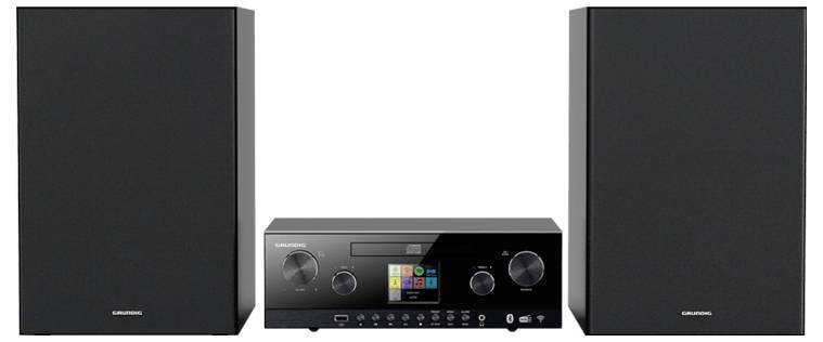 System audio do domu składający się z dwóch czarnych głośników oraz centralnej jednostki sterującej z małym wyświetlaczem cyfrowym i wieloma pokrętłami sterującymi.