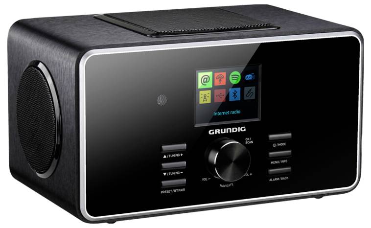 Czarny cyfrowy radioodbiornik z kolorowym wyświetlaczem, na którym widoczne są aplikacje, przyciskami do strojenia i wyboru trybu oraz centralnym pokrętłem głośności.