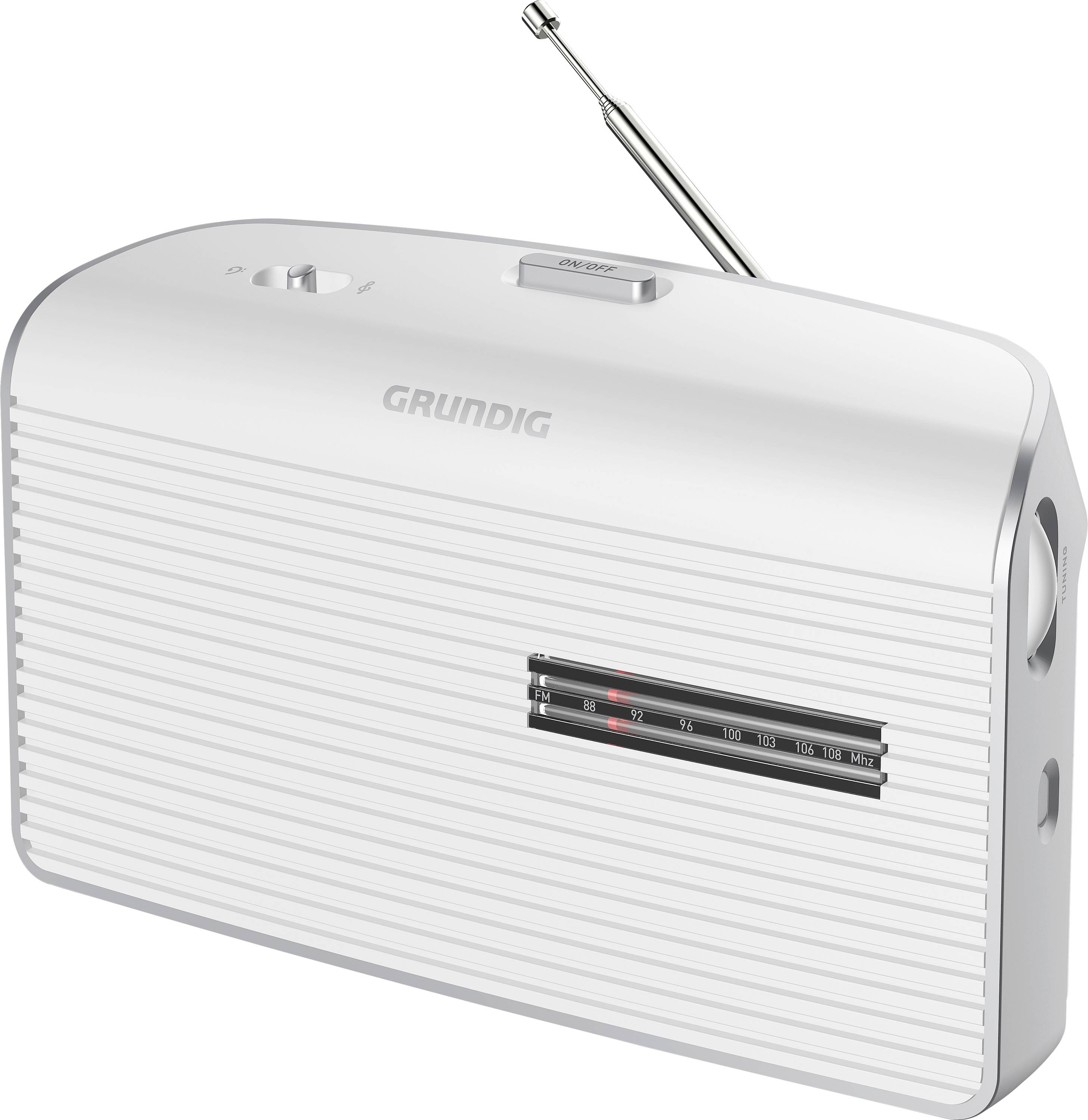 Klasyczny przenośny radioodbiornik z anteną i pokrętłem strojenia z boku, wyposażony w białą obudowę z poziomymi rowkami ułatwiającymi chwytanie.