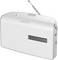 Klasyczny przenośny radioodbiornik z anteną i pokrętłem strojenia z boku, wyposażony w białą obudowę z poziomymi rowkami ułatwiającymi chwytanie.