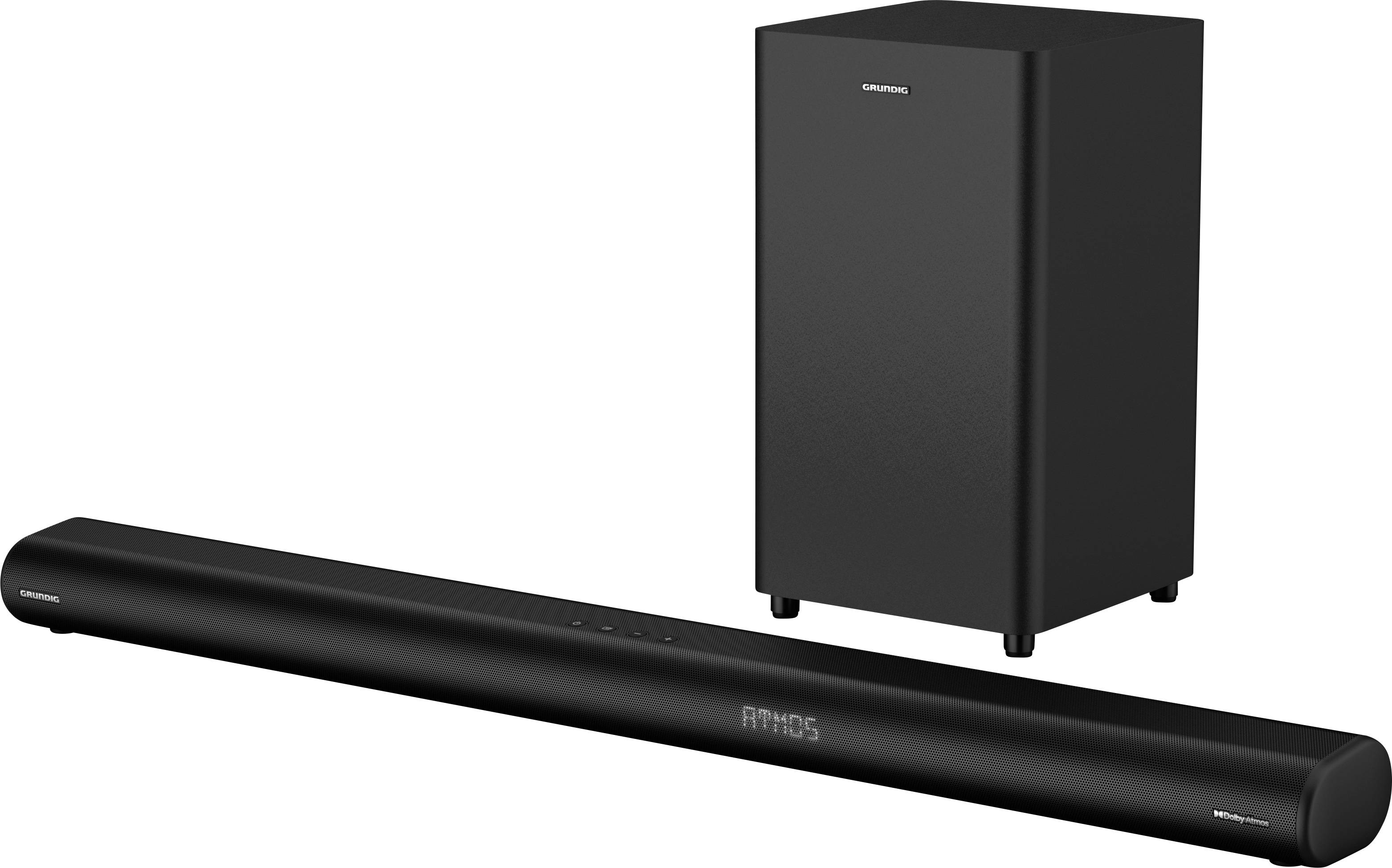 Zestaw soundbara i subwoofera firmy Grundig, w eleganckiej czarnej stylistyce. Soundbar posiada wyświetlacz wskazujący 'Atmos', co oznacza funkcję Dolby Atmos.