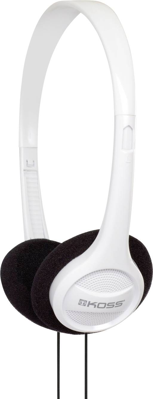 Białe słuchawki nauszne z czarnymi nakładkami na uszy, zawieszone na przewodzie. Na muszli słuchawkowej widoczna jest nazwa marki 'Koss'.