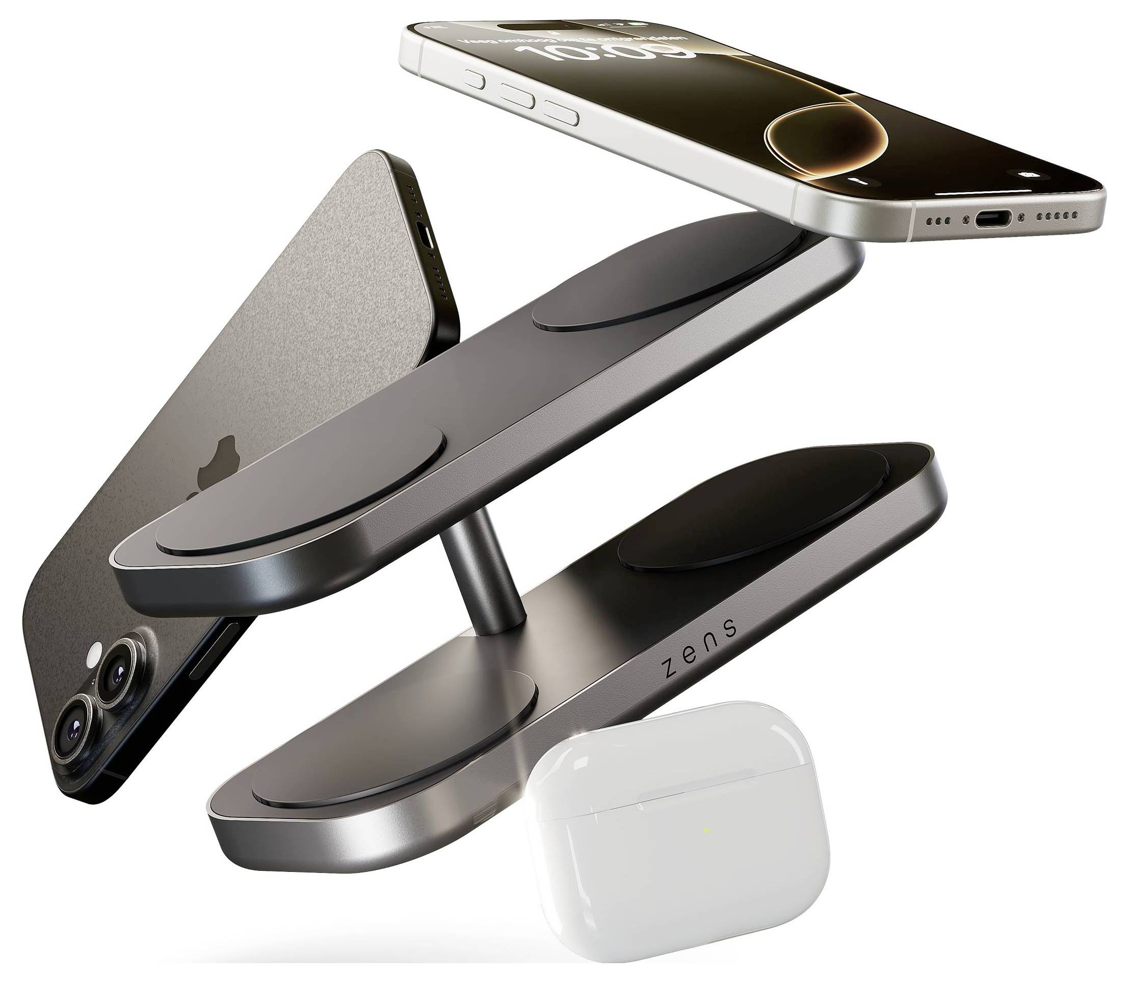 Ładowarka bezprzewodowa 3-w-1 trzyma smartfona, smartwatch i bezprzewodowe słuchawki douszne, wszystkie zawieszone pod różnymi kątami nad ładowarką.