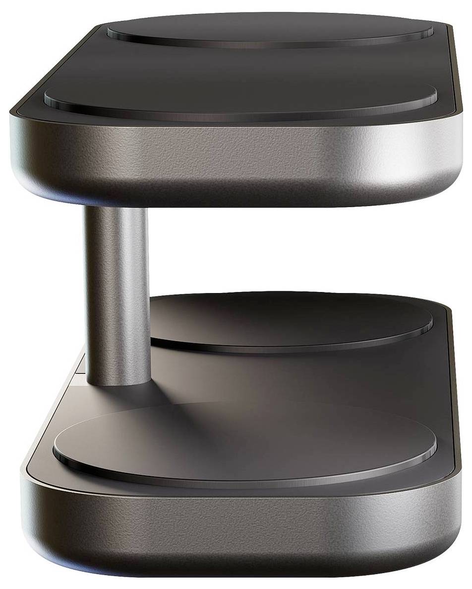 Elegancka, nowoczesna dwupoziomowa stacja ładowania bezprzewodowego z metalicznym wykończeniem i minimalistycznym designem, posiadająca dwie powierzchnie ładujące ustawione pionowo.