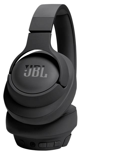 Czarne słuchawki nauszne firmy JBL z logo, charakteryzujące się gładką stylistyką i widocznymi przyciskami sterującymi z boku.
