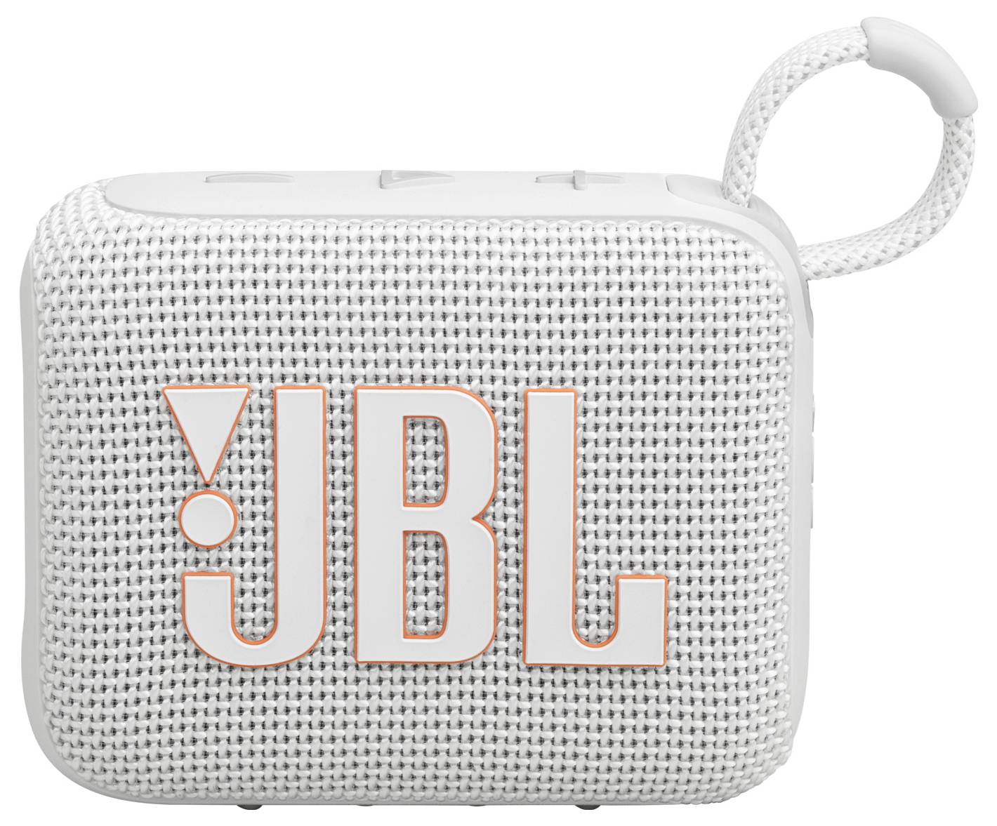 Mały, biały, przenośny głośnik Bluetooth z logo 'JBL', wyposażony w teksturowaną siatkową osłonę oraz pętlę do noszenia.