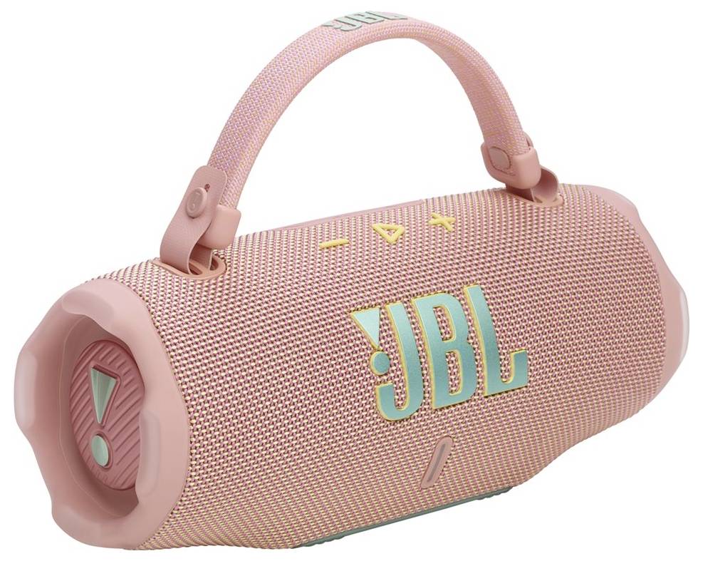 Różowy przenośny głośnik Bluetooth JBL z teksturowaną powierzchnią, zielonym logo, żółtymi przyciskami sterującymi i uchwytem do przenoszenia.