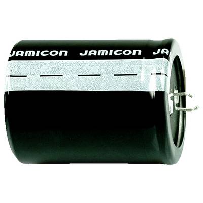 Czarny kondensator elektrolityczny z logo 'Jamicon', z dwoma metalowymi przewodami wyprowadzonymi z boku.